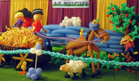 A barnyard scene sculpted from balloons